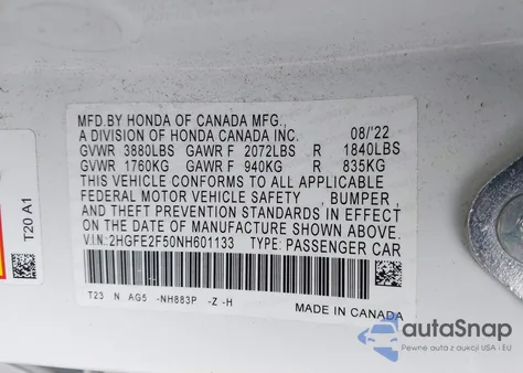 2022 Honda Civic Sport from USA, damaged, VIN 2HGFE2F50NH601133